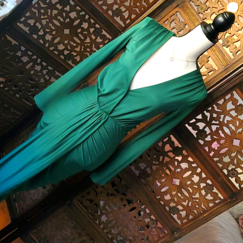 Green Goddess Faux Satin Form fitting Dress